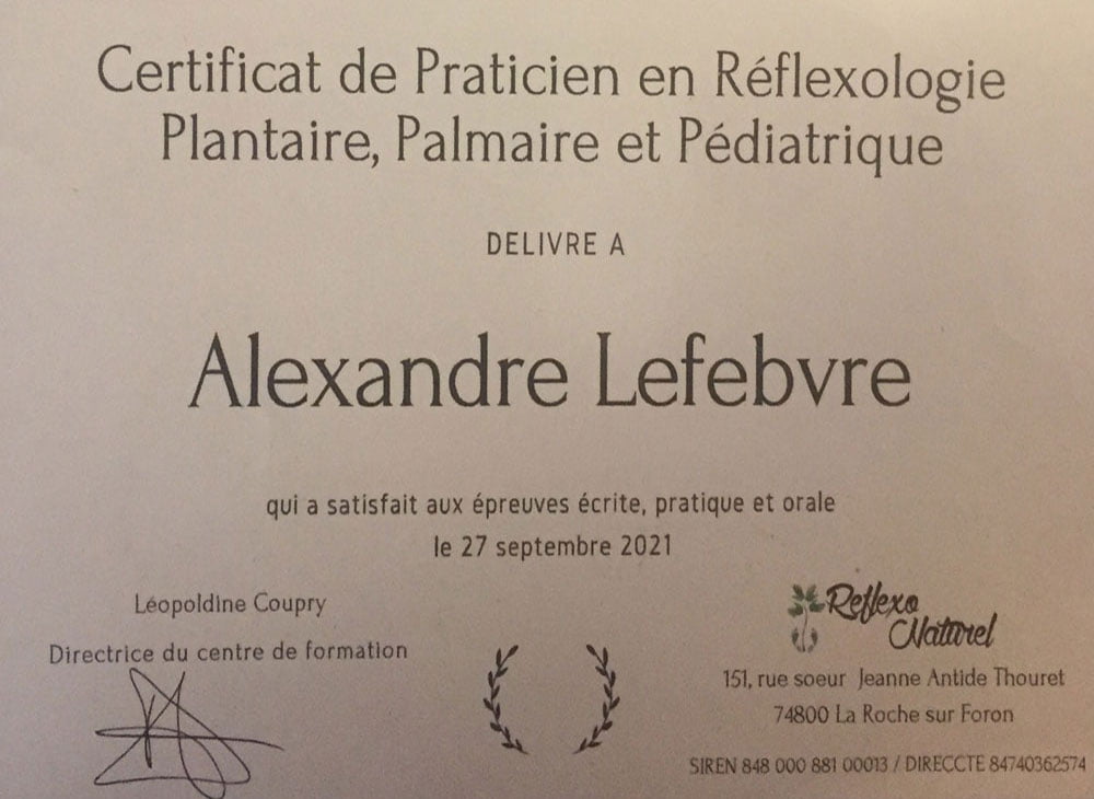 Certificat Réflexologie Alexandre Lefebvre Annecy