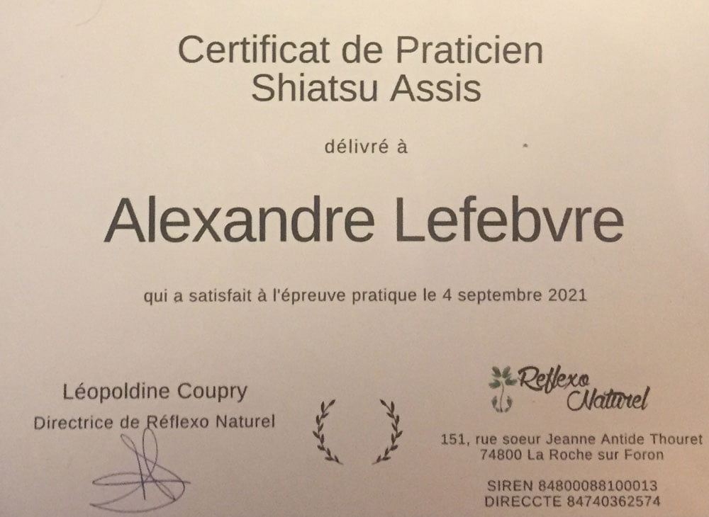Certificat Shiatsu Alexandre Lefebvre Annecy