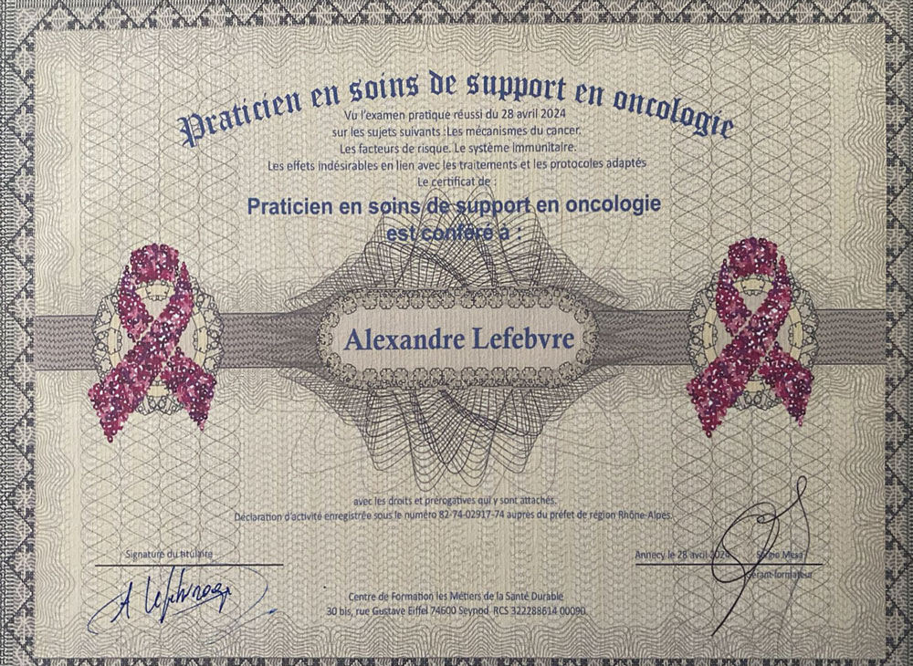 Certificat Reflexologie Oncologie Alexandre Lefebvre Annecy